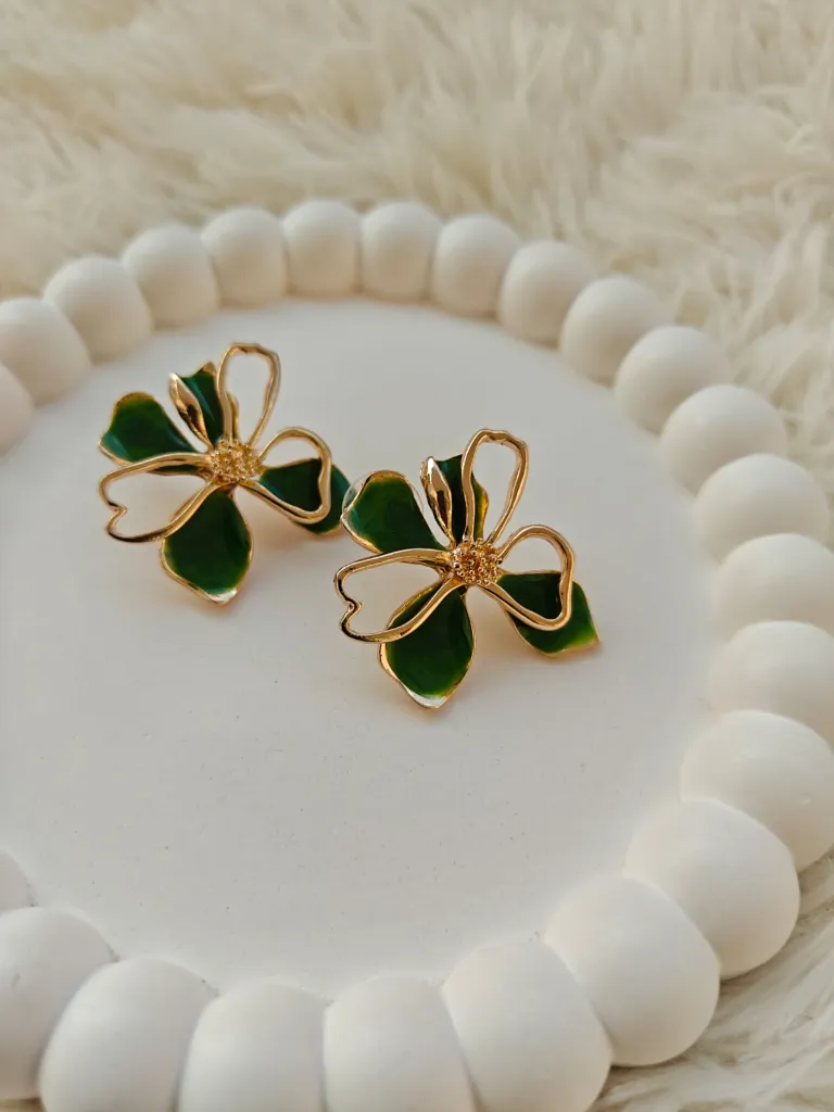 [AM-ER-00000124] Floral Elegance Enamel Earring - Green
