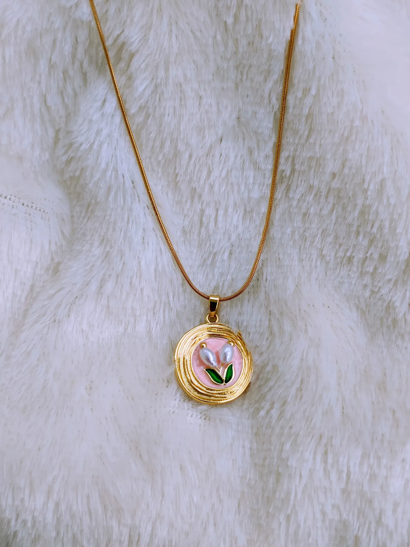 Pearl Tulips Enamel Pendant