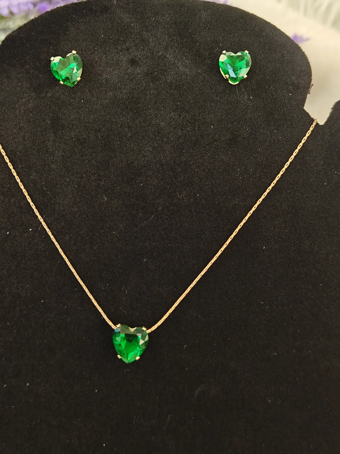 Emerald heart stone studs and Necklace