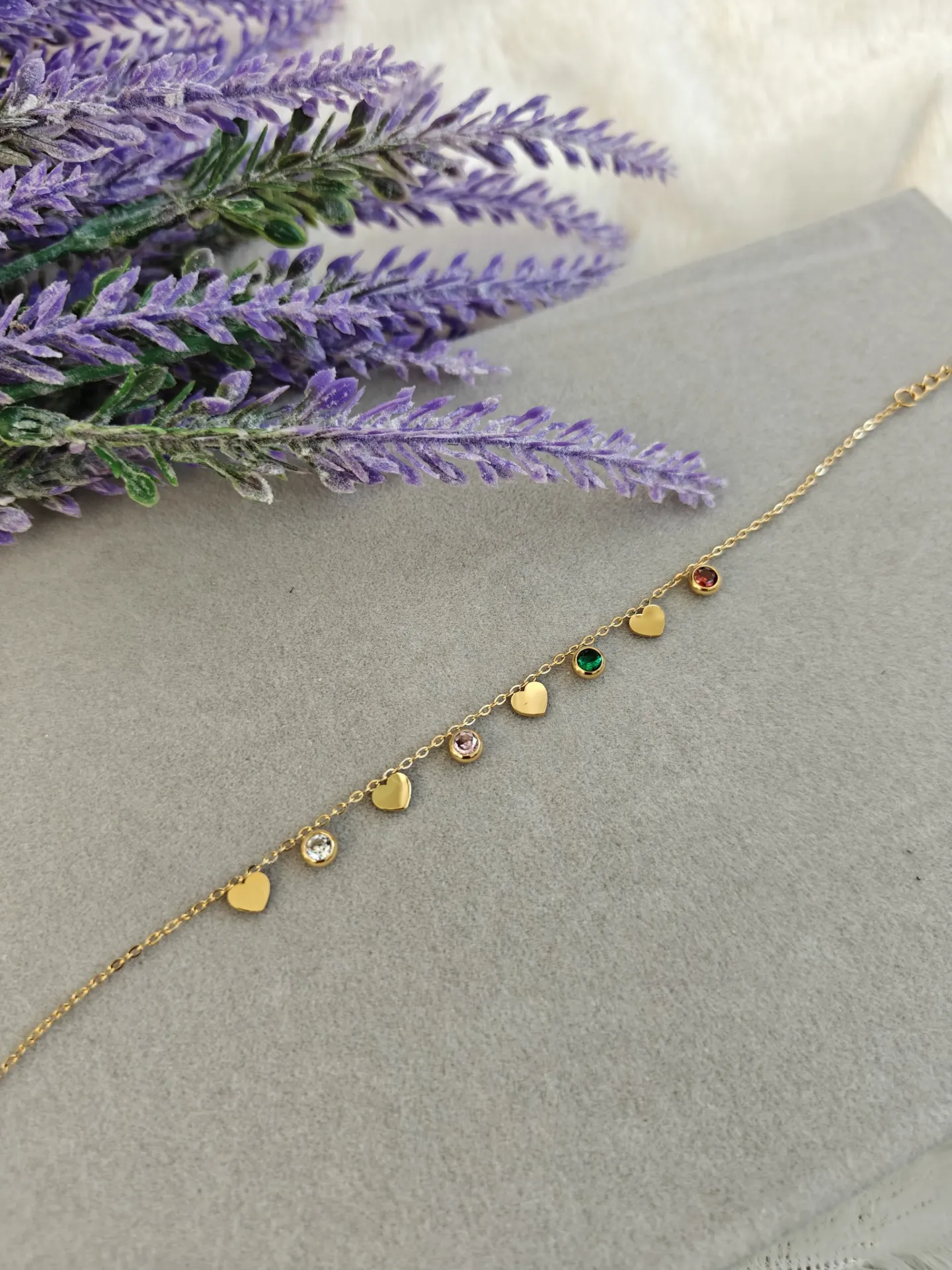 [AM-BL-00000218] Heart and Stone charm chain bracelet