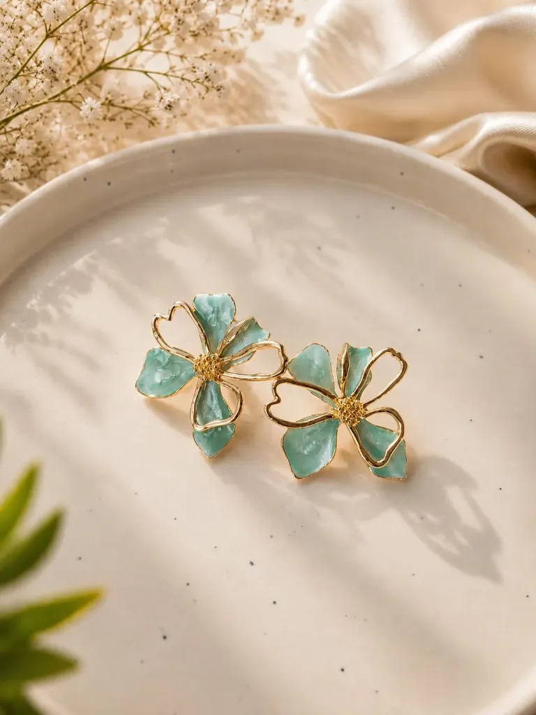 Floral Elegance Enamel Earring - Aqua Blue